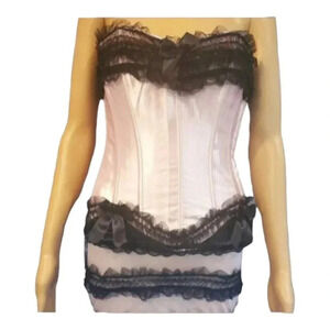 Pink with Black Lace and Black Bows 3 piece Corset/Skirt/Panty Set